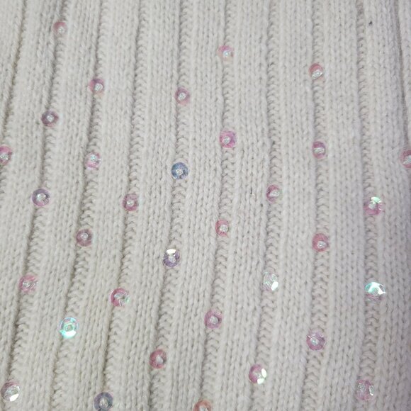 White Wool Angora Blend Knit Scarf With Pink & Iridescent Sequins - Picture 2 of 4